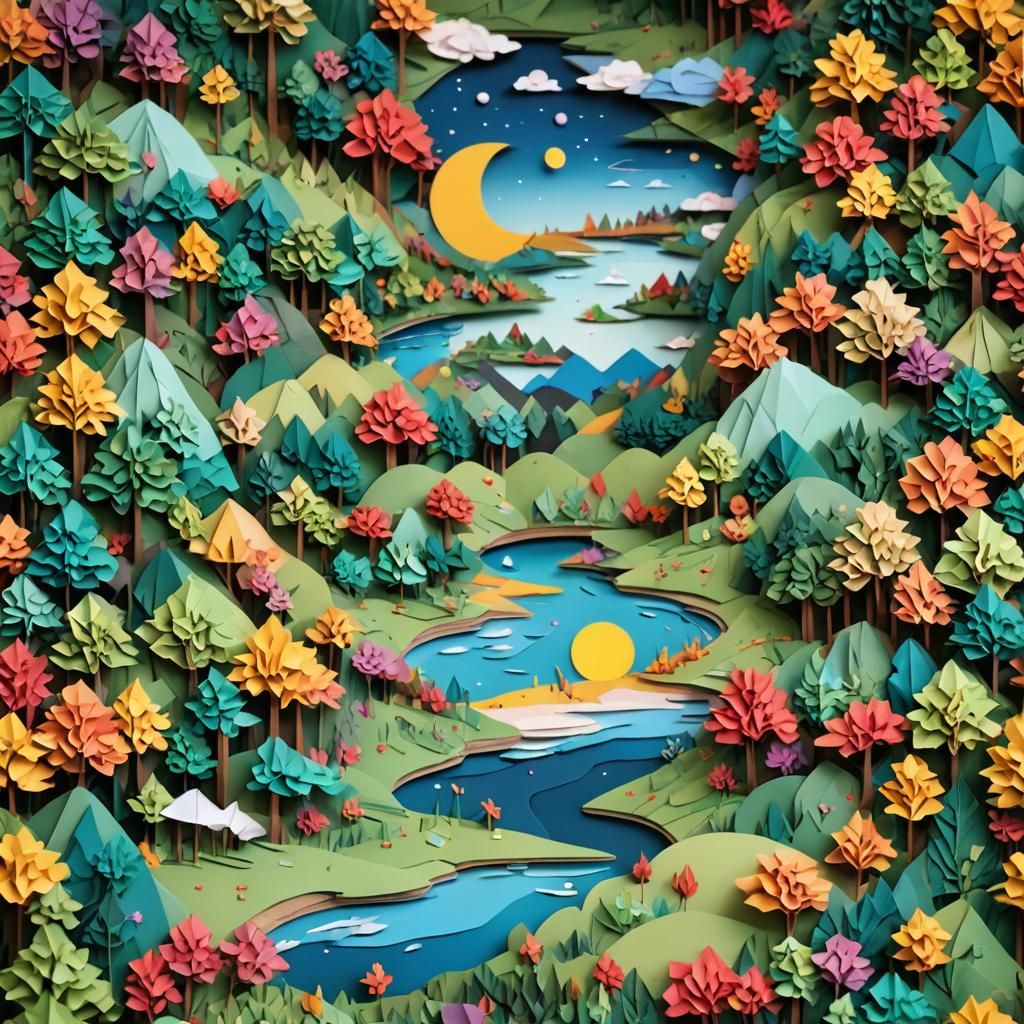 Colorful Moon Over Origami Paper Forest
