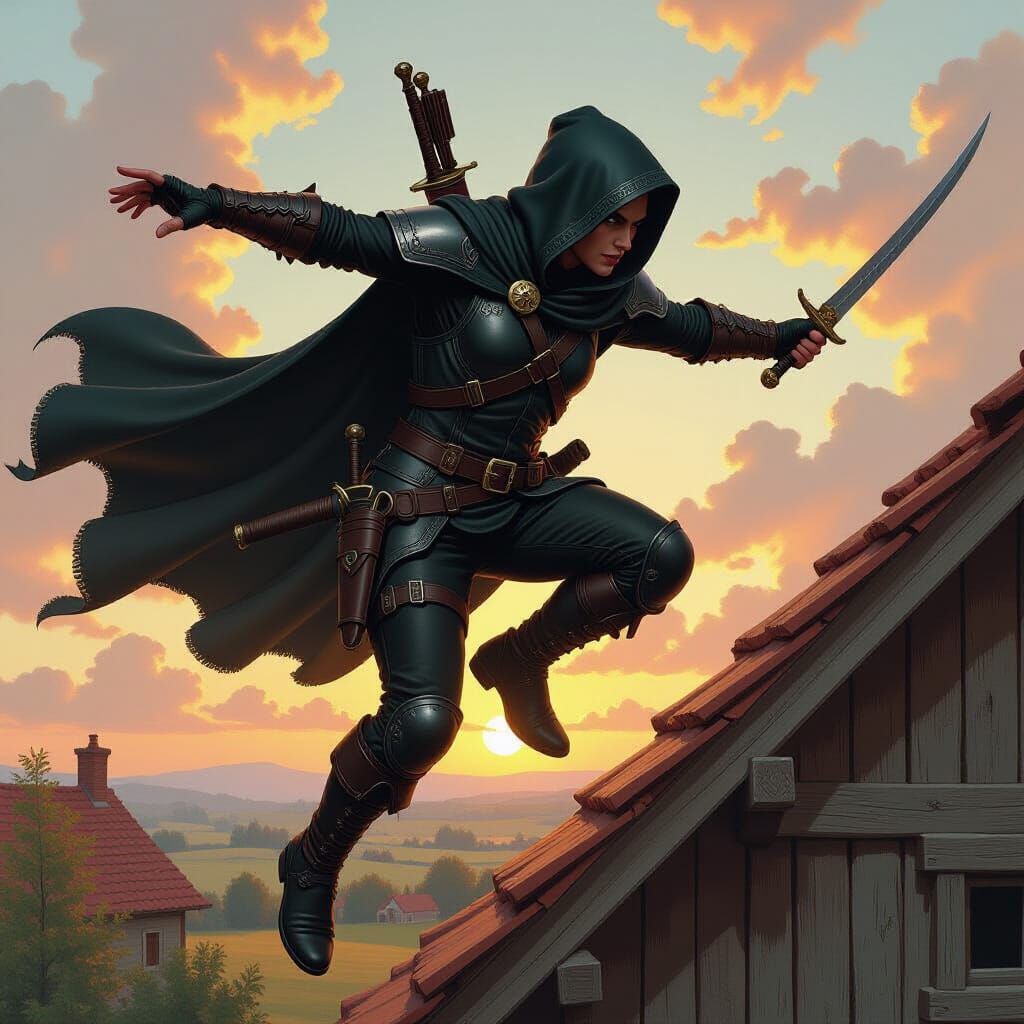 Halfling Assassin Leaping From Roof in Splash Art Style