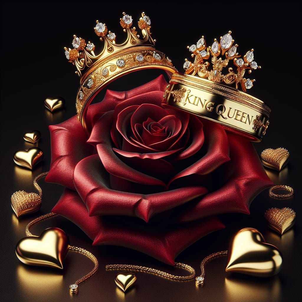 Interlocked Gold King and Queen Rings on Red Rose
