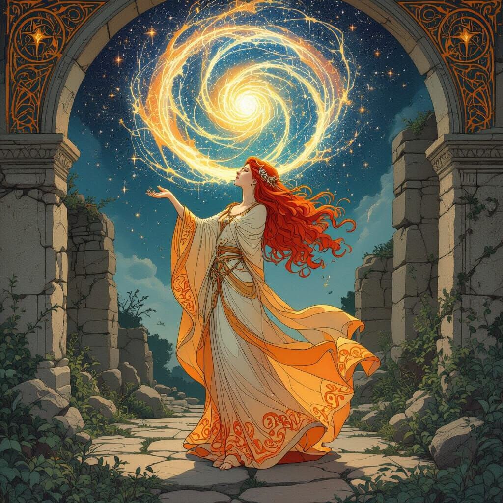 Mystical Sorceress Conjuring Stardust, Art Nouveau Style