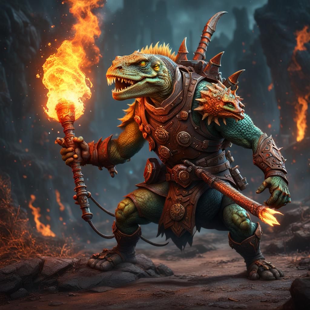 Lizardfolk Barbarian with Flamethrower in Fantasy Art