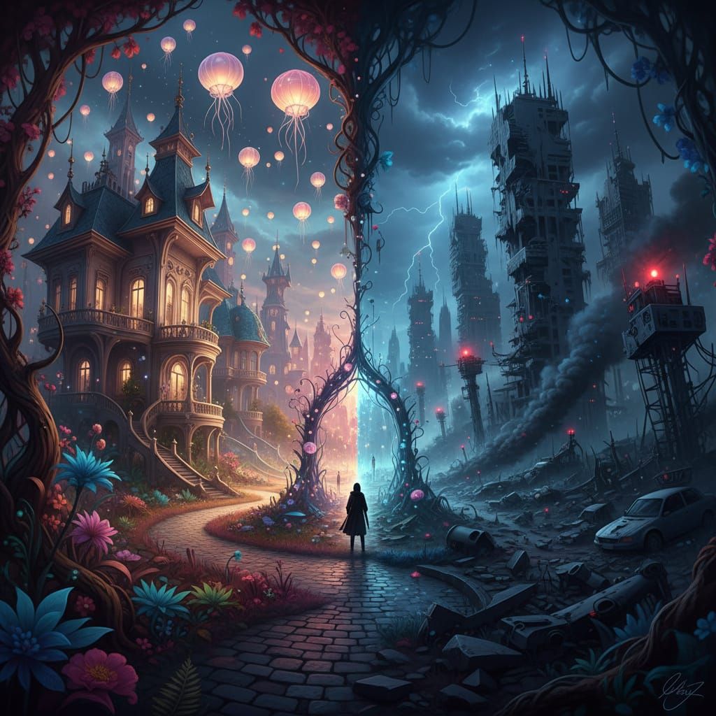 Surreal Forest Path Divides Into Dream City and Ruined Metro...