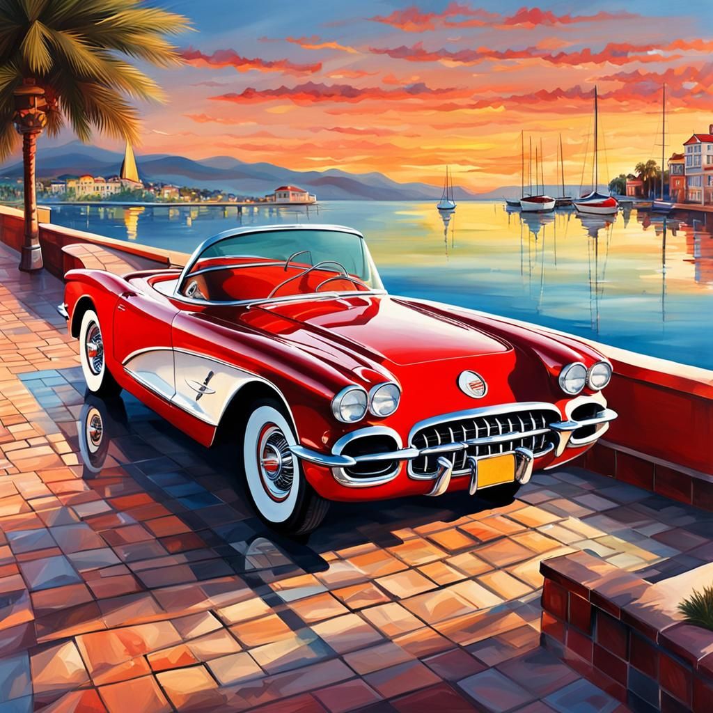 Classic Red Corvette at Waterfront Sunrise