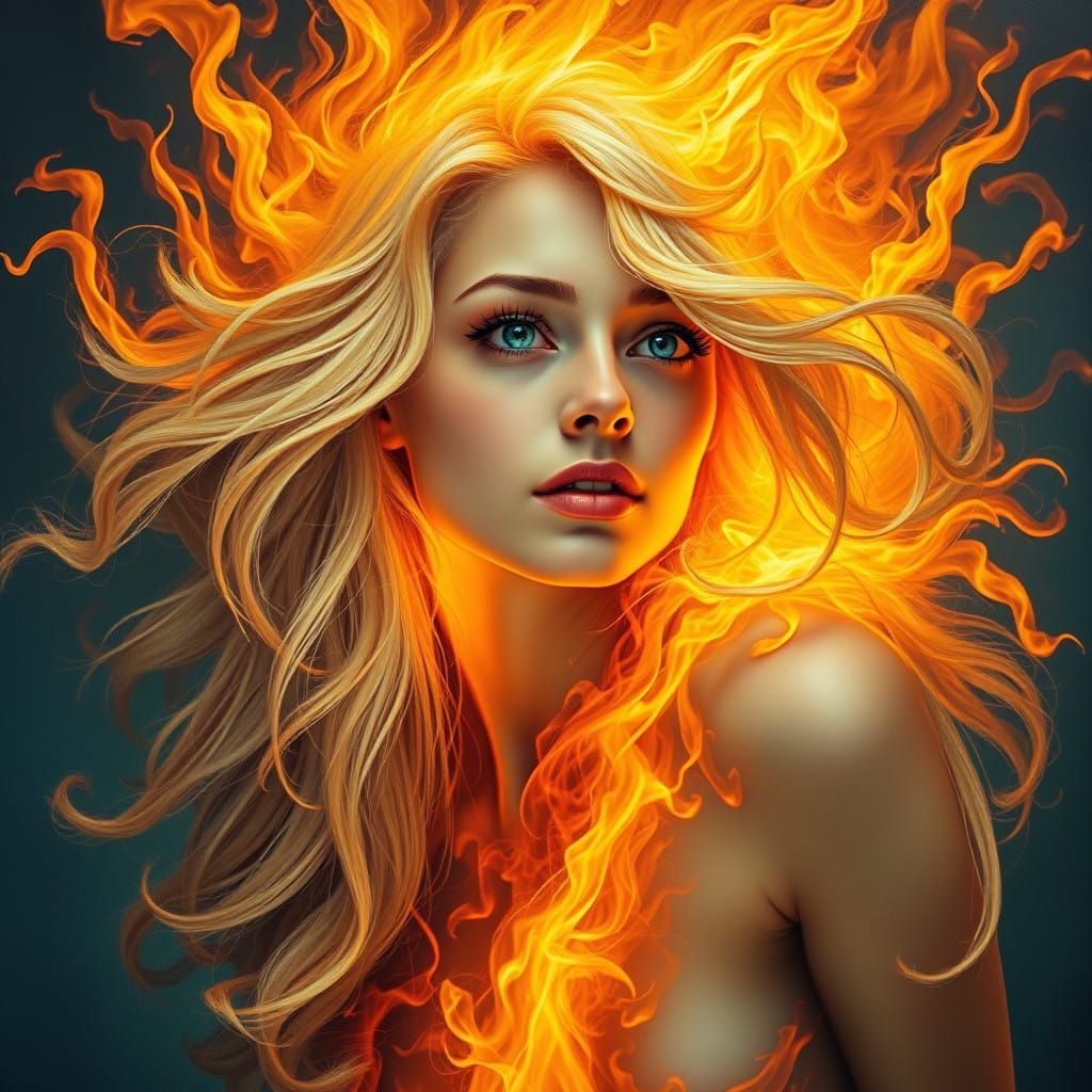 Woman Engulfed in Golden Flames, Ethereal Beauty