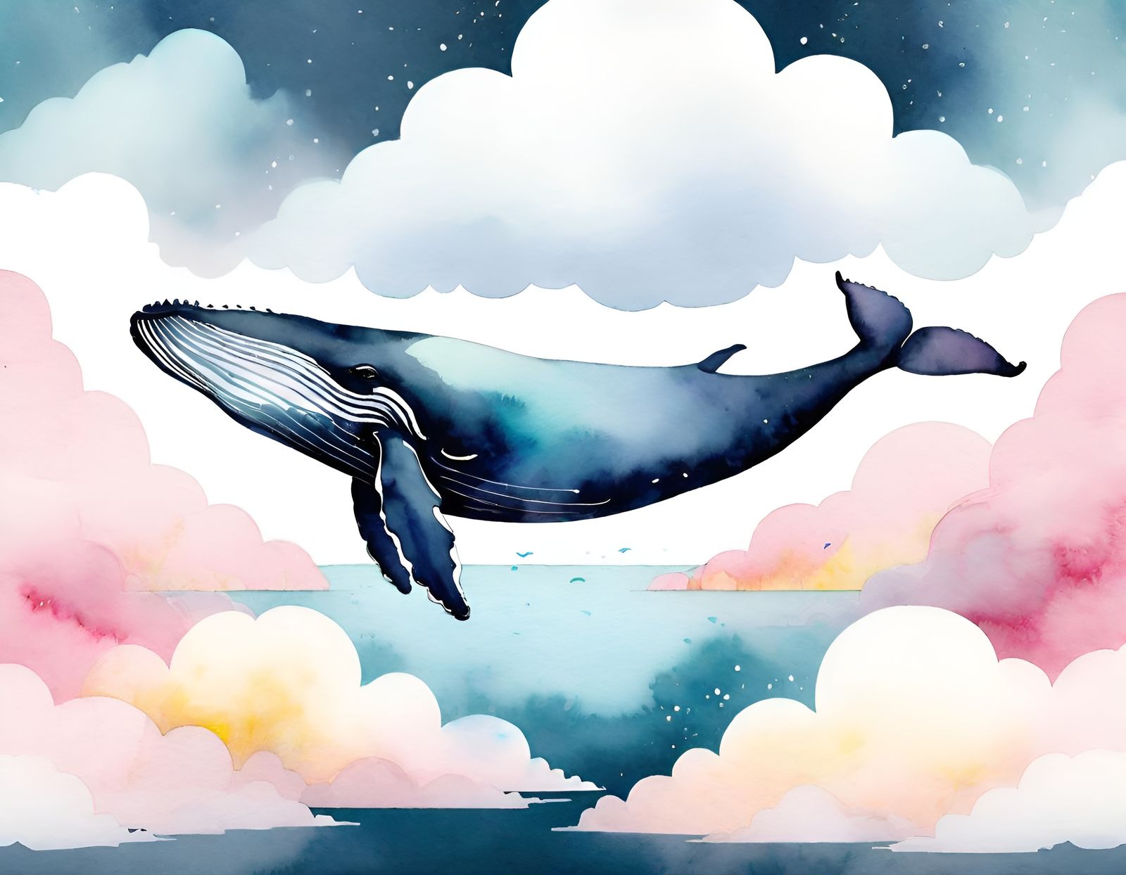 Watercolor Whale Swimming in Clouds Illustration
