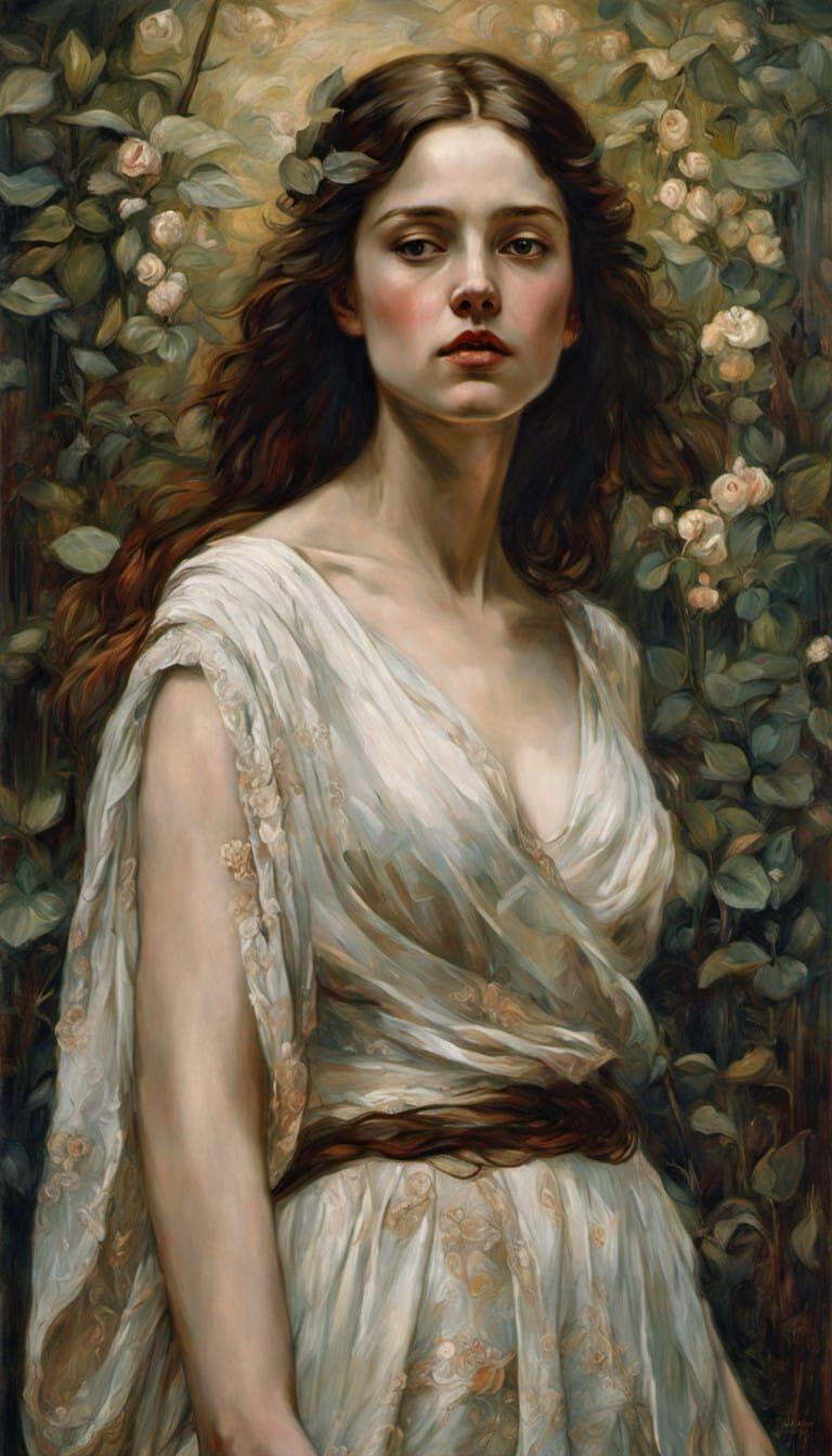 Beautiful woman age 22 posing dramatically, hyper-detailed o...