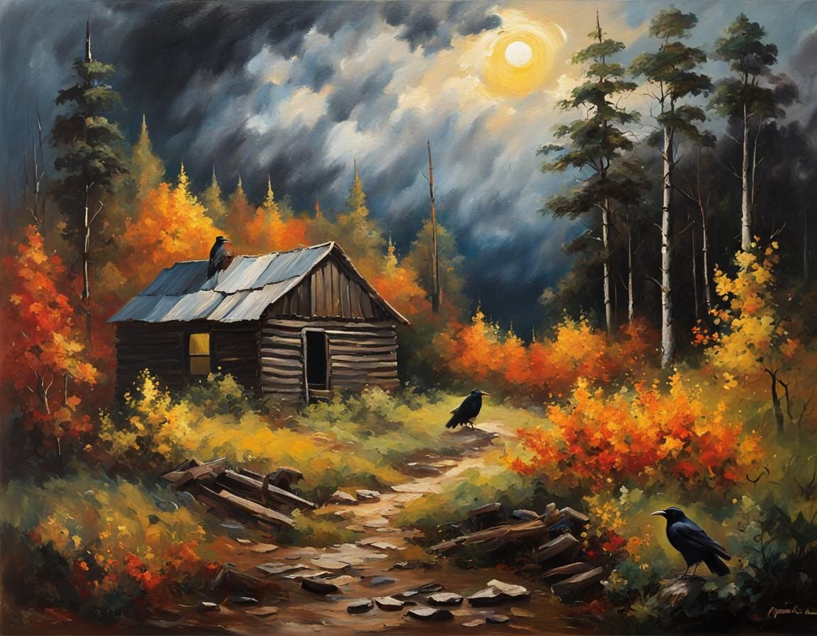 Melancholic Old Man in Forest, Oil Painting