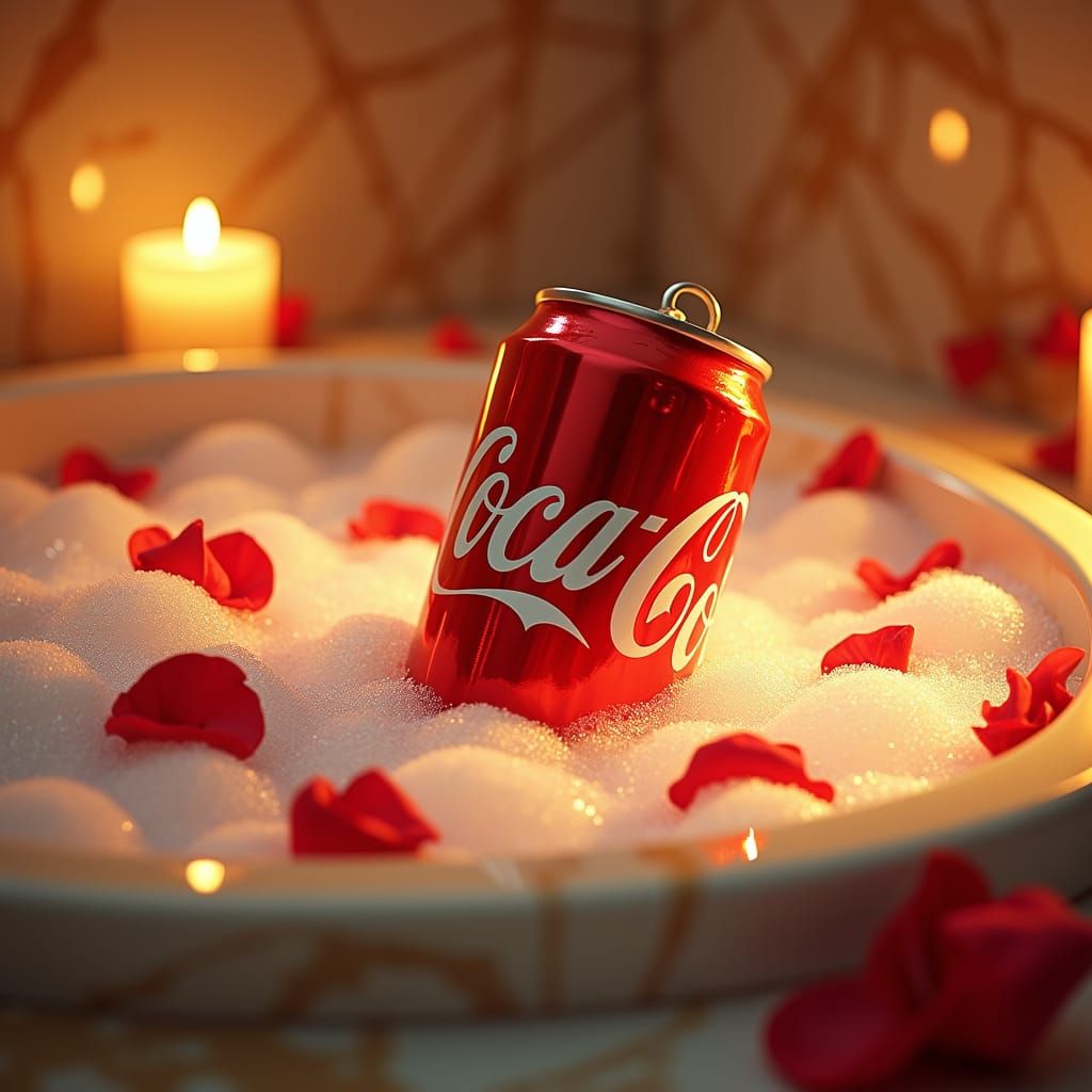 Whimsical Coke Can in Bubble Bath, Animated Style