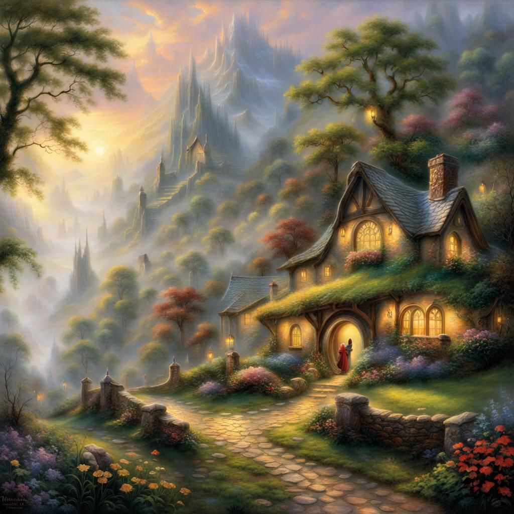 Ethereal Hobbit Village in Kinkade Style