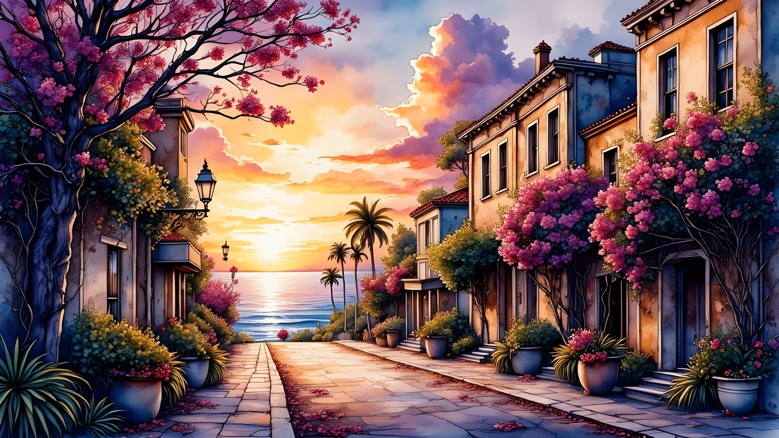 Vibrant Sunset Cityscape with Blooming Bushland and Ocean