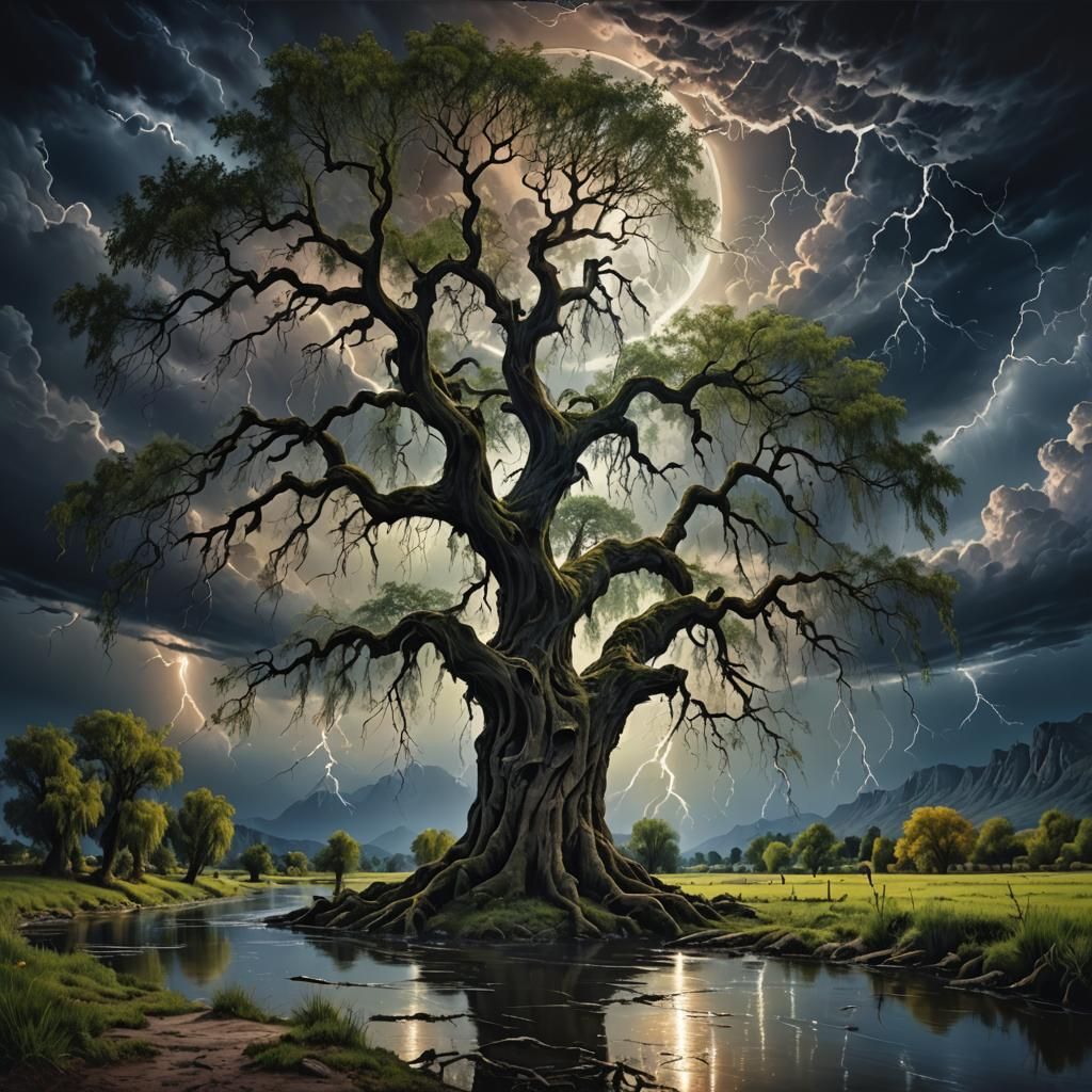 Moonlit Weeping Willow Tree by River