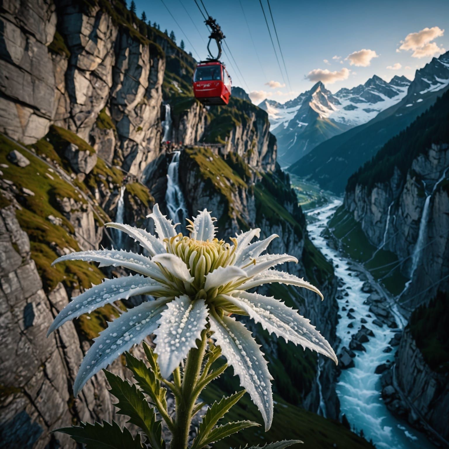 Hyperdetailed Edelweiss Flower and Frozen Waterfall in Swiss...