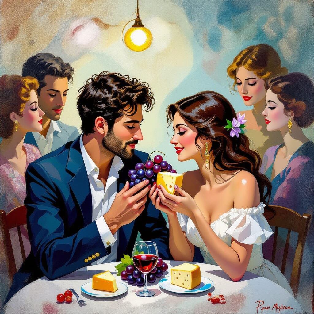 Couple Sharing Grapes and Cheese in Surreal Dreamscape