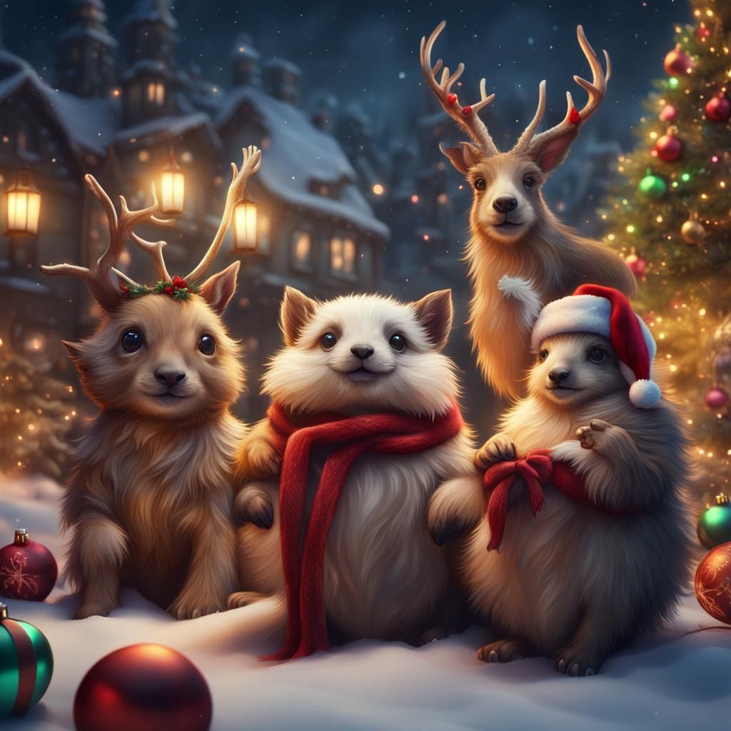 Cute Animals Celebrate Christmas in Detailed Matte Painting