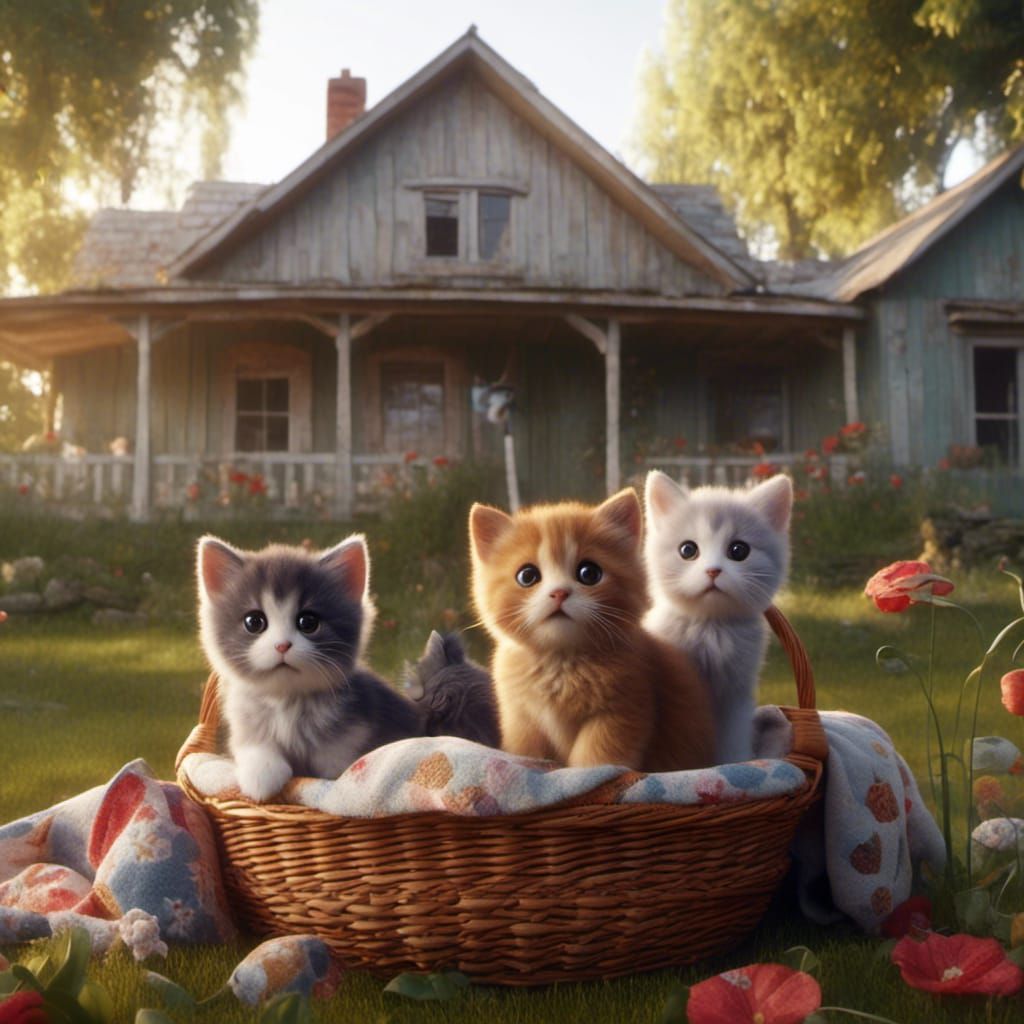 Cartoon Kittens and Hound on Farmhouse Porch
