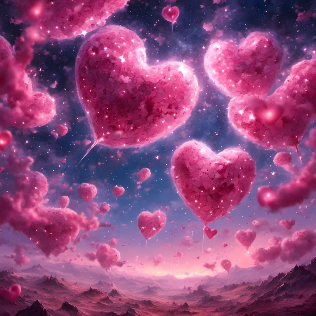 Two Pink Hearts in Starry Sky