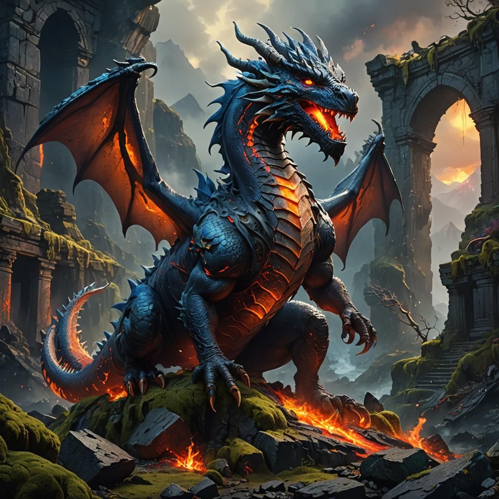 Lava Dragon on Mountain, Digital Painting