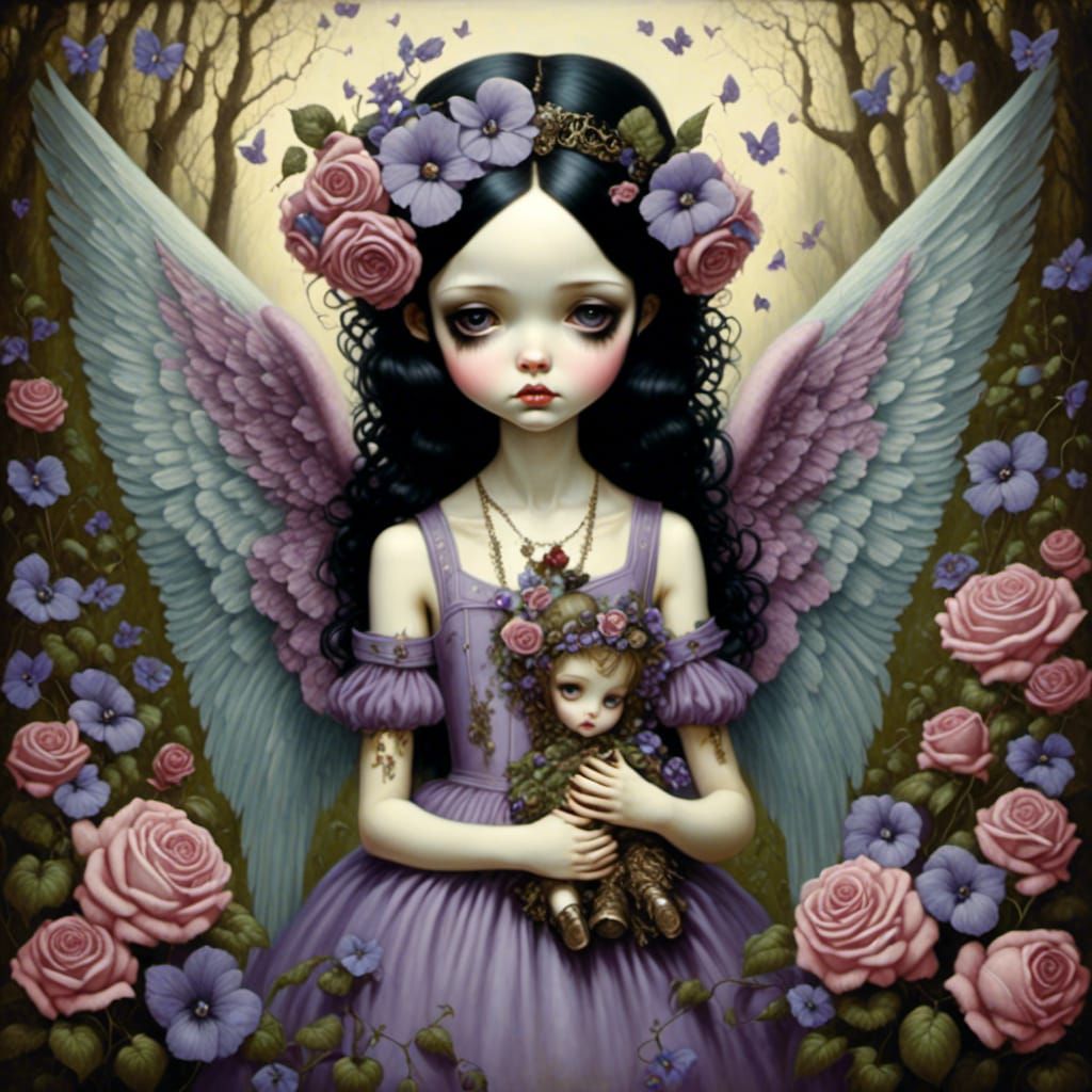 Emo Angel with Violets and Roses in Anime Style