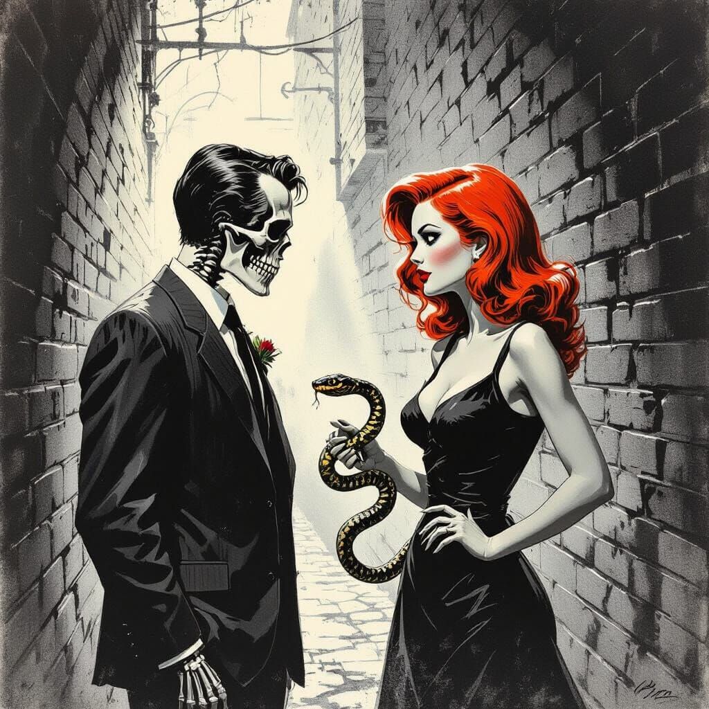 1960s Skeleton Businessman vs Redhead with Snake in Dark All...