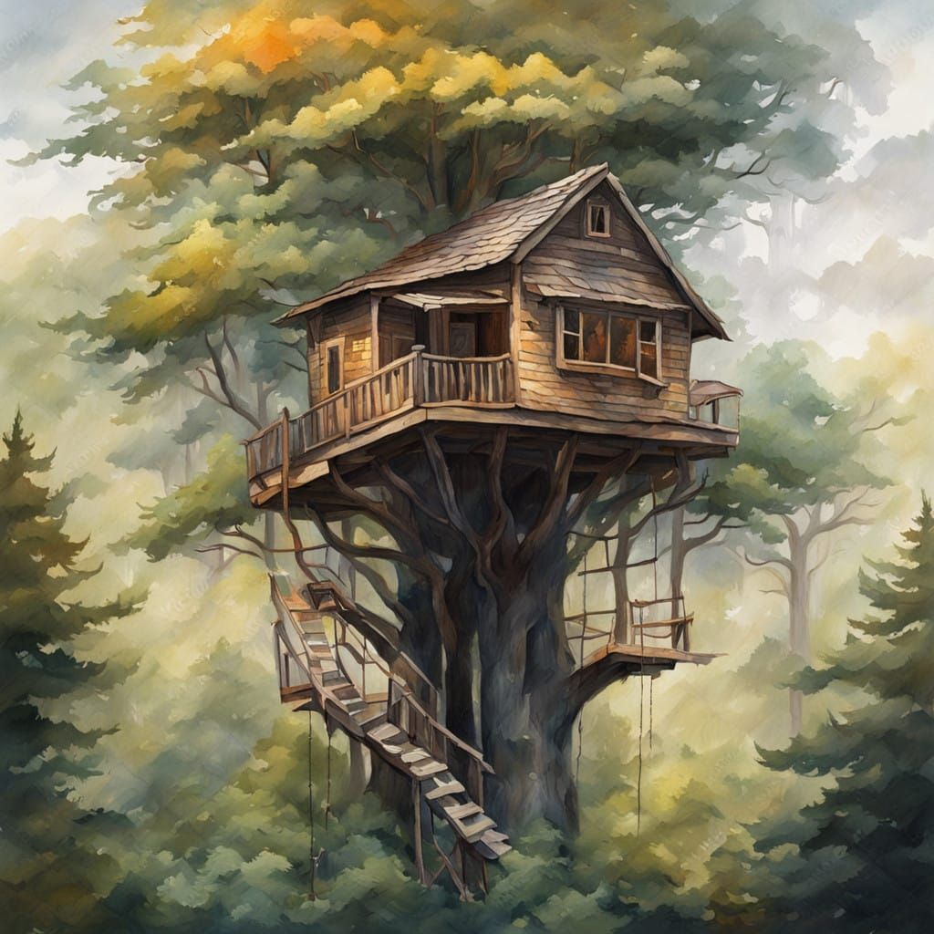Enchanted Treehouse in Misty Woods, Gouache Masterpiece