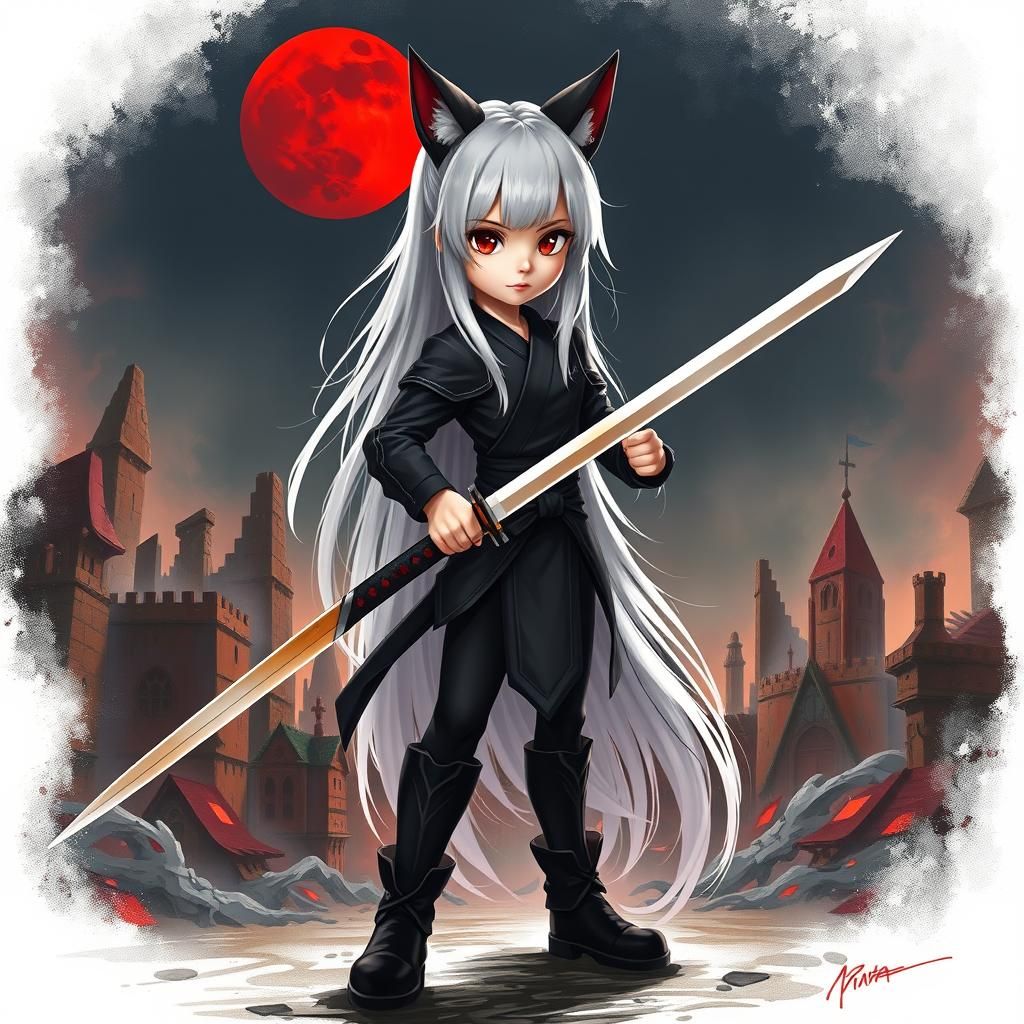 Girl with Swords in Ruined City, Digital Painting