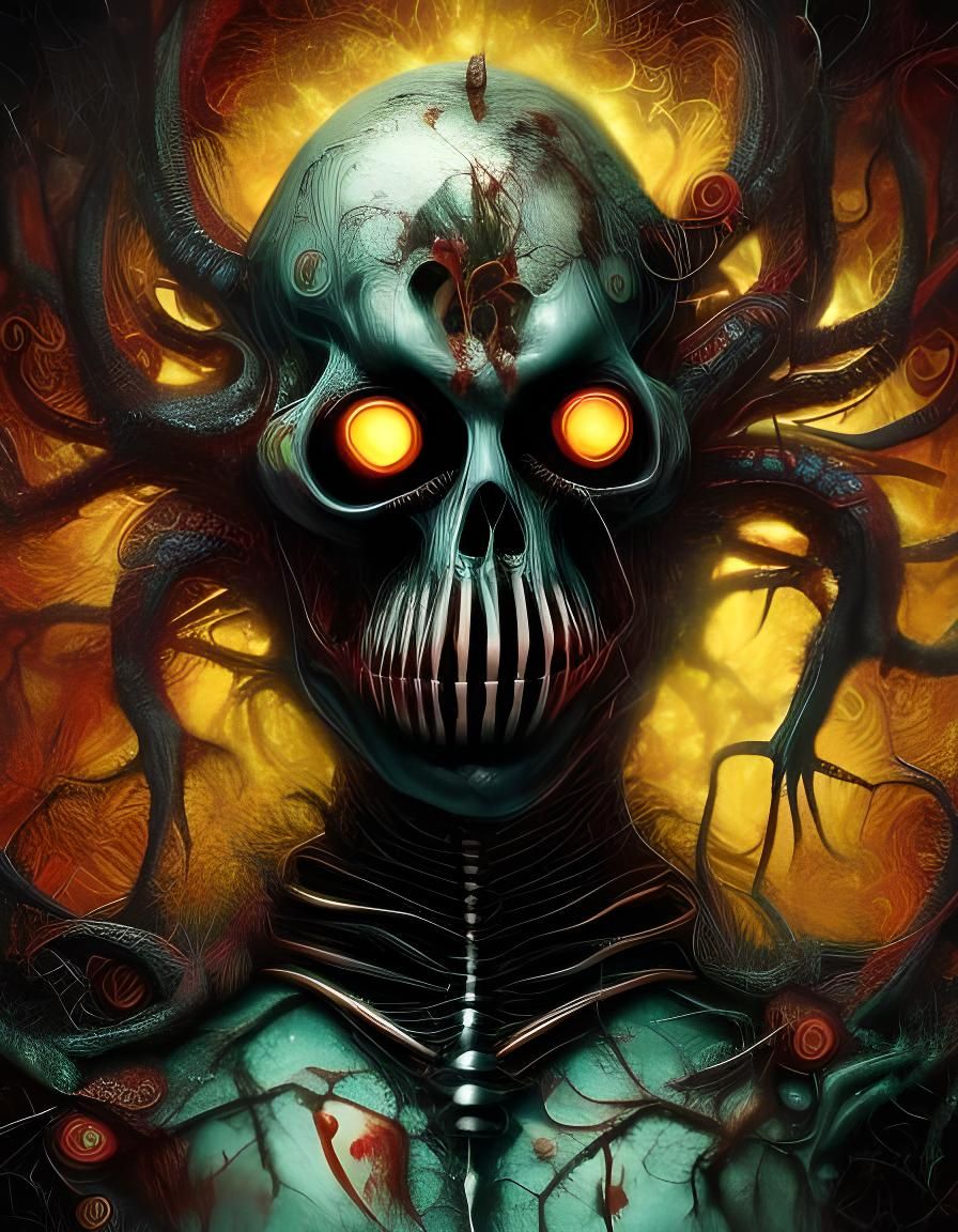 Surreal Horror Head with Glowing Runes