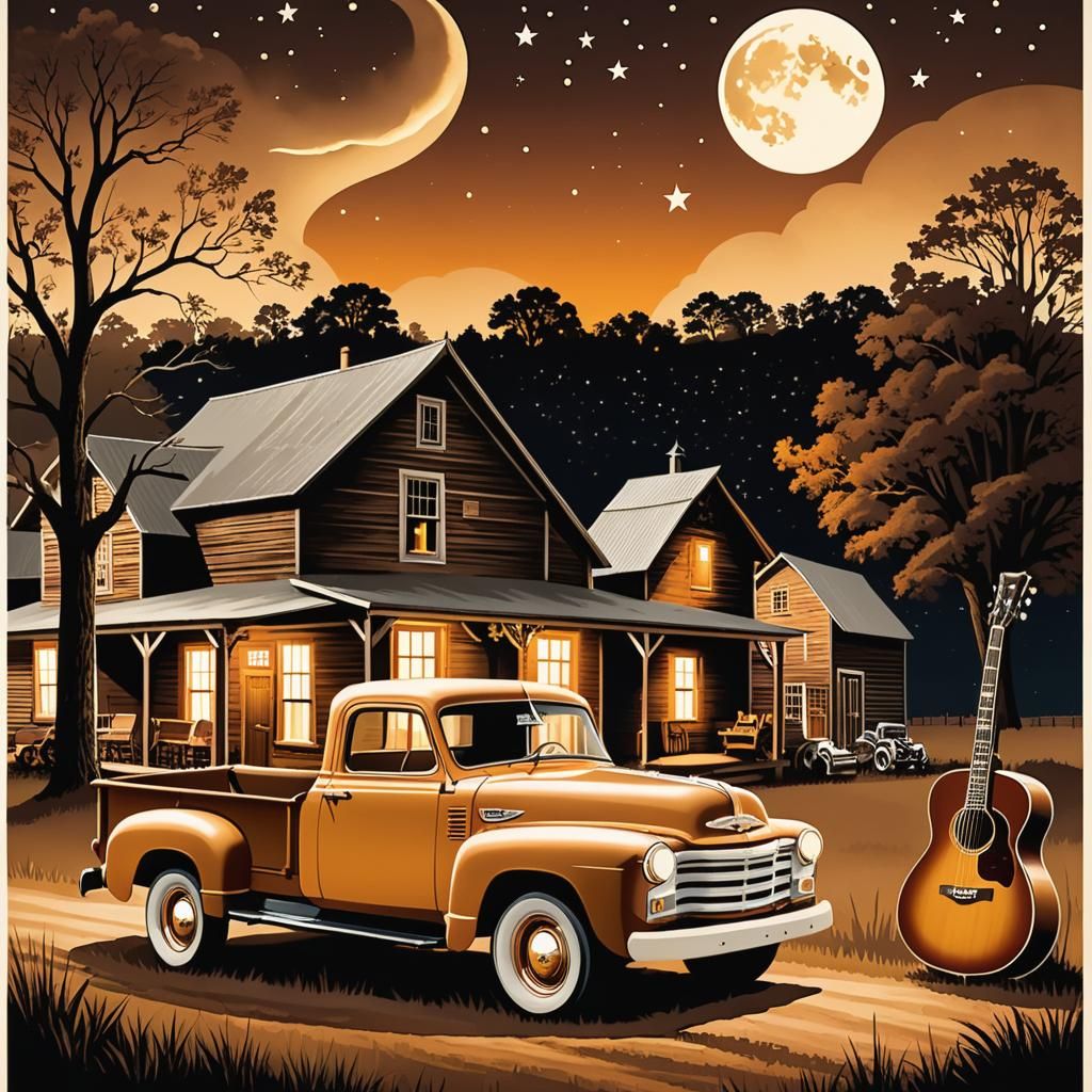 Vintage Country Music Poster with Crescent Moon