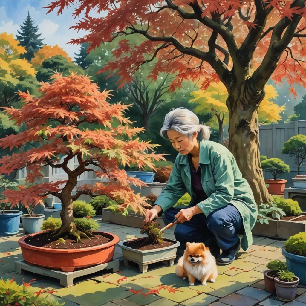 Bonsai Gardener with Pomeranian in Gouache Style