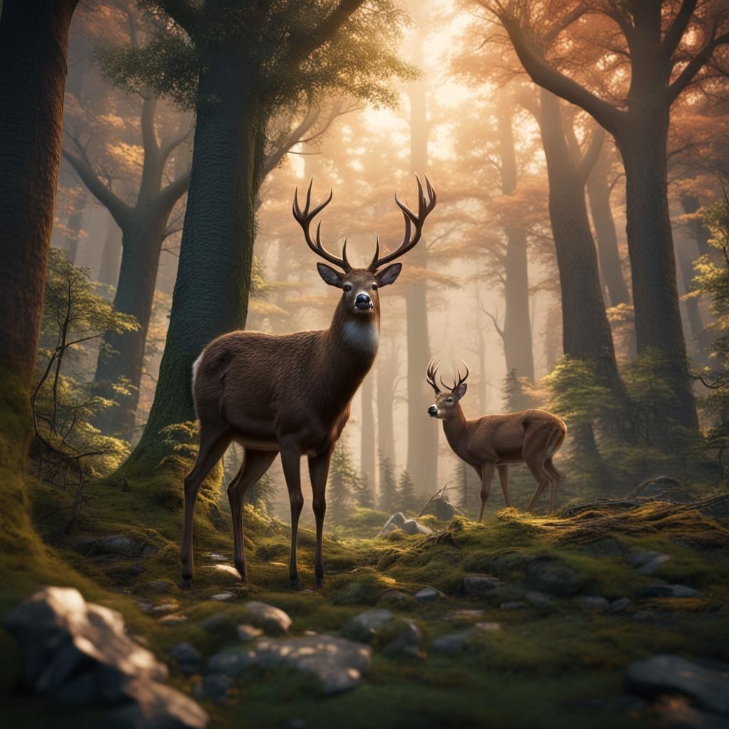 Whitetail Deer in Forest: Detailed Matte Painting