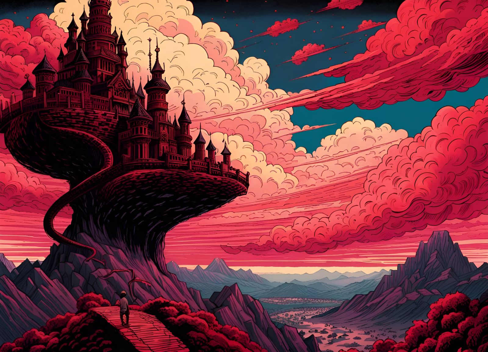Crimson Castle Landscape with Dragon: Comic Book Art