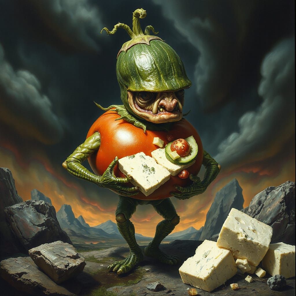 Biomechanical Greek Salad of Suffering in Dark, Neon-Lit Hel...