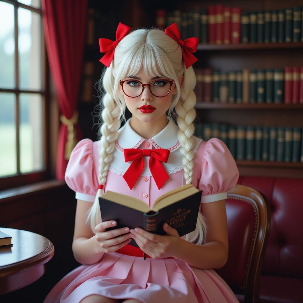 Nerdy Girl with White Hair and Red Bows Reading a Book