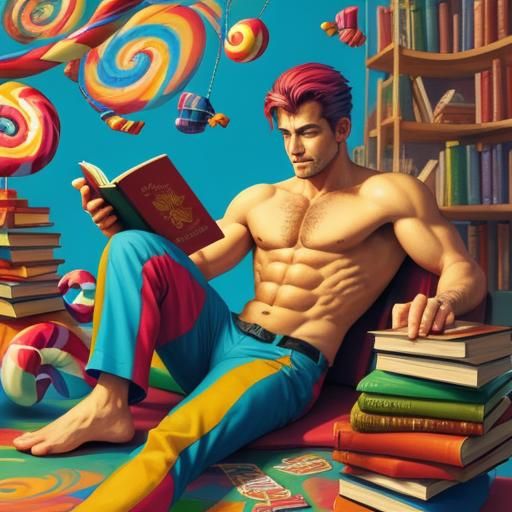 Shirtless Man Reading Book in Candyland Gouache