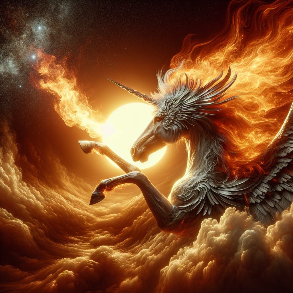 Phoenix Unicorn blazing through the setting sun