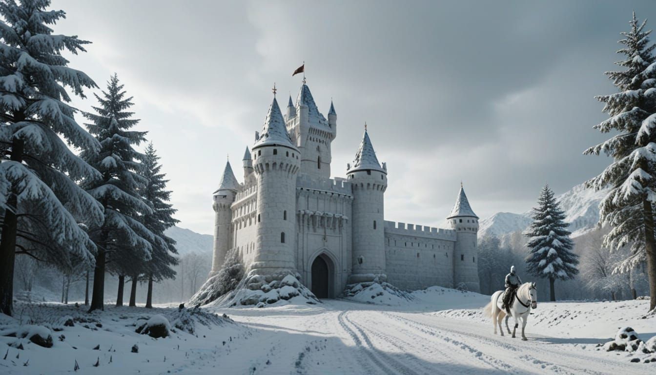 Medieval Marble Castle in Snowy Landscape with Knight