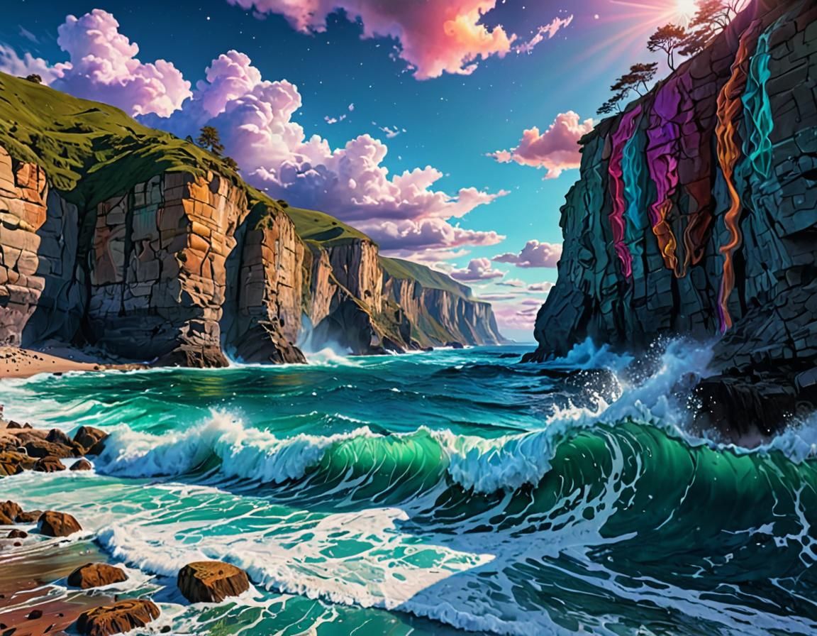 Psychedelic Cliffside Waters: A Cosmic Illustration