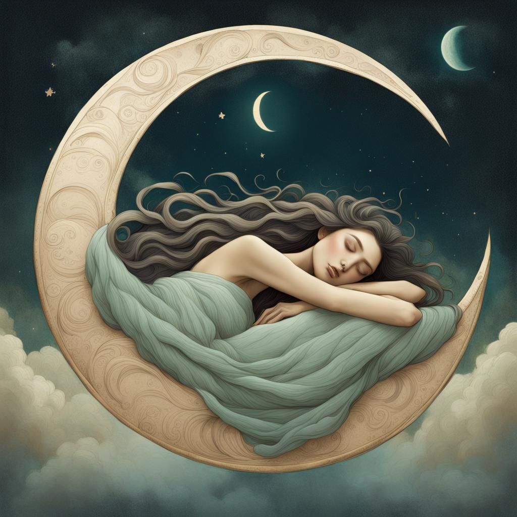 Goddess Sleeping on the Moon in Pastel Art