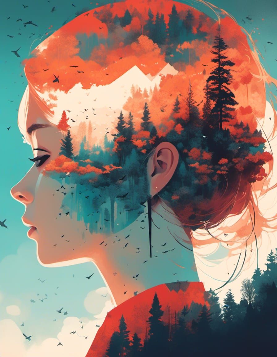 Double Exposure Female Portrait in Minimalist Vector Art