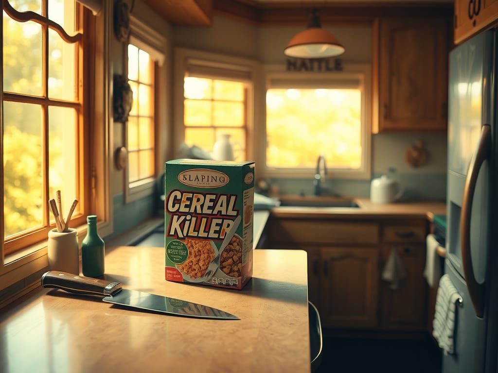 Surreal Cereal Killer in 1970s Kitchen