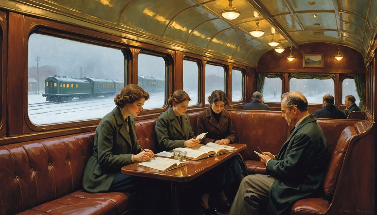 Cozy Train Car Interior in Blizzard Oil Painting