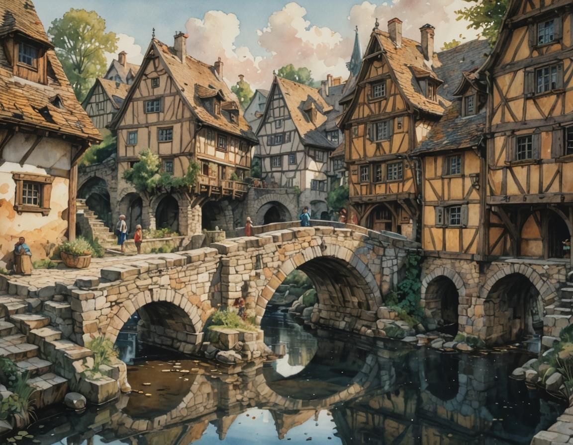 Village Scene with River in Watercolor and Ink