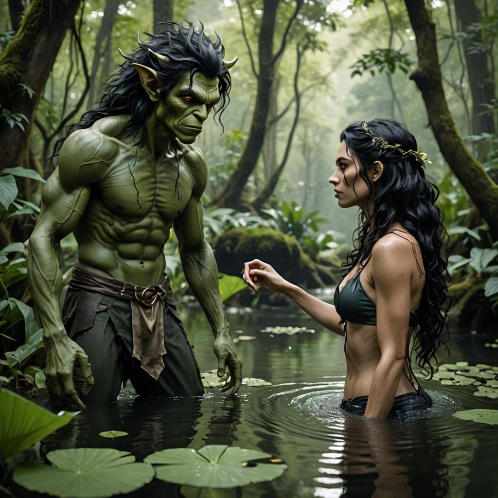 Goblin Stares at Woman in Pond, Hyperrealistic Baroque Fanta...