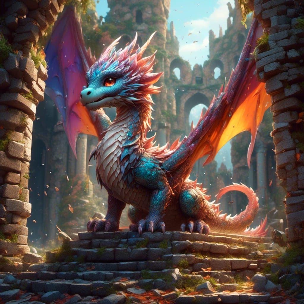 Mythical Dragon Cub in Ancient Ruins