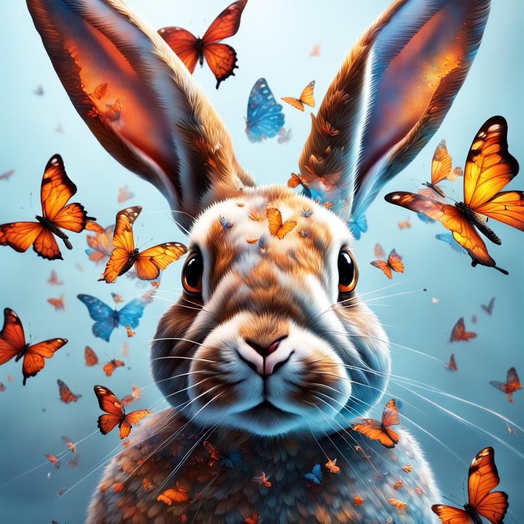 Rabbit with Glass Butterflies: Hyperrealistic Splash Art