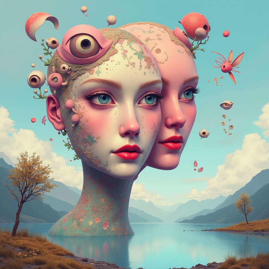 Surreal Dreamscapes with Flowing Faces and Musical Harmony