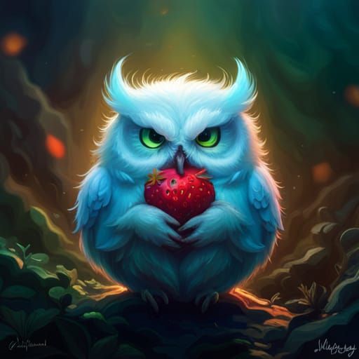 Fluffy Strawberry Owl: Hyperdetailed Fantasy Art