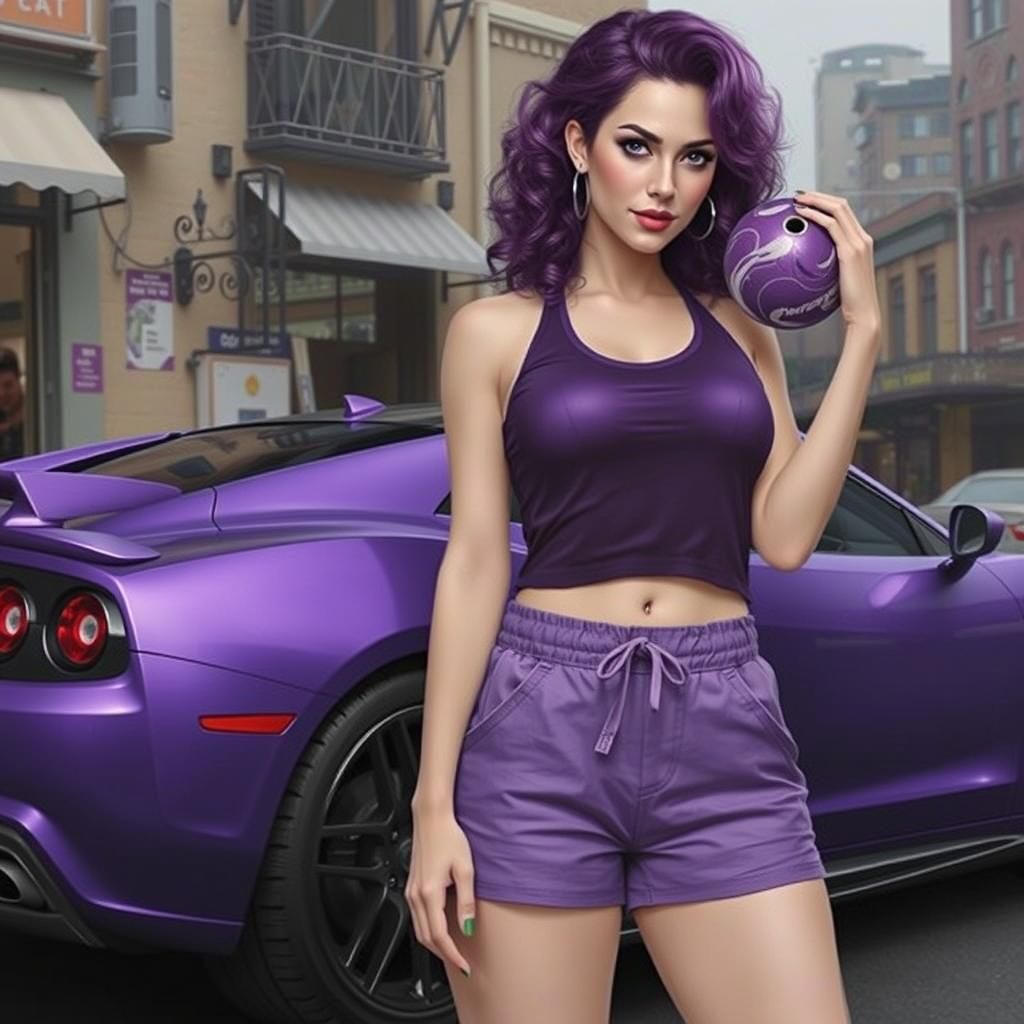 Beautiful Woman in Purple with Bowling Ball