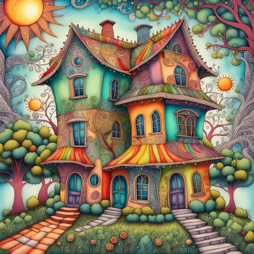 Whimsical Zentangle House with Sun and Mystical Trees