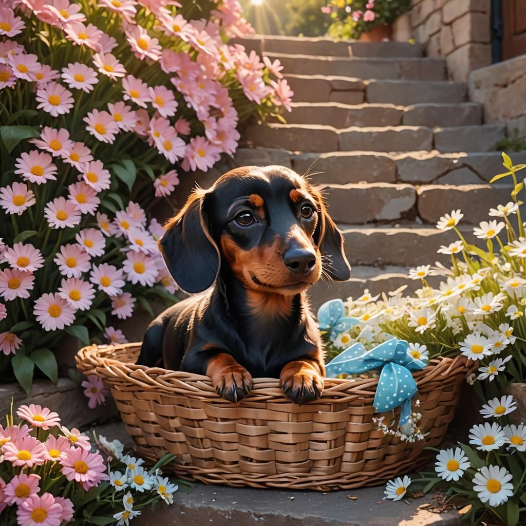 Dachshund's Daisy Dream: A Vibrant Oil Painting