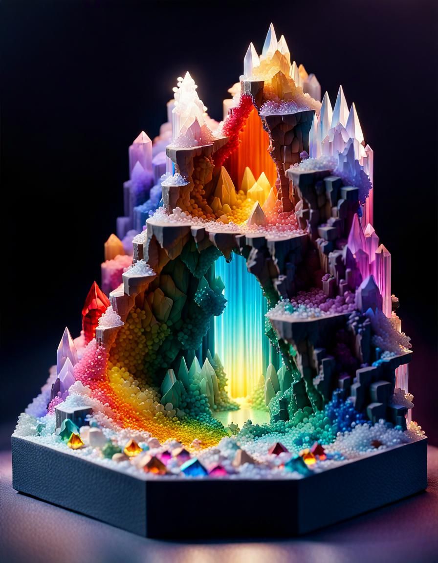 Diorama of an tiny cute isometric cavern whit ([cascade of multicoloured crystal|snowflake made of multicolored prismati...